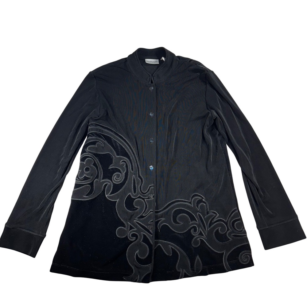 Chicos Travelers Black Burnout Velvet Floral Jacket Shirt Button Front 1 M